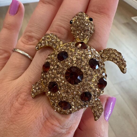 Turtle Ring Statement Sea Turtle Rhinestone Sparkling Ring Adjustable - Picture 2 of 4